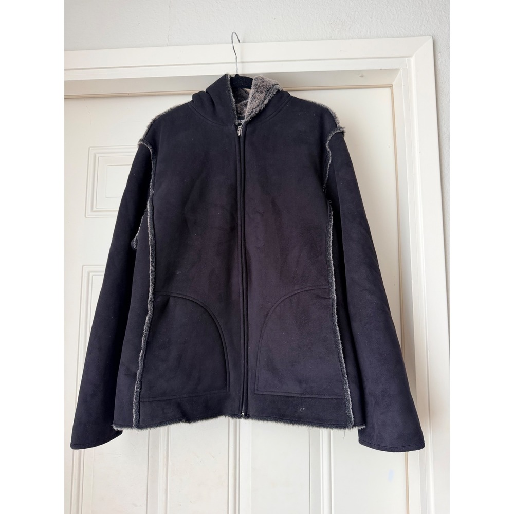 Aeros Black Faux Suede and Fur Hooded Jacket Coat Full Zip Vintage Boho Y2K Sz L